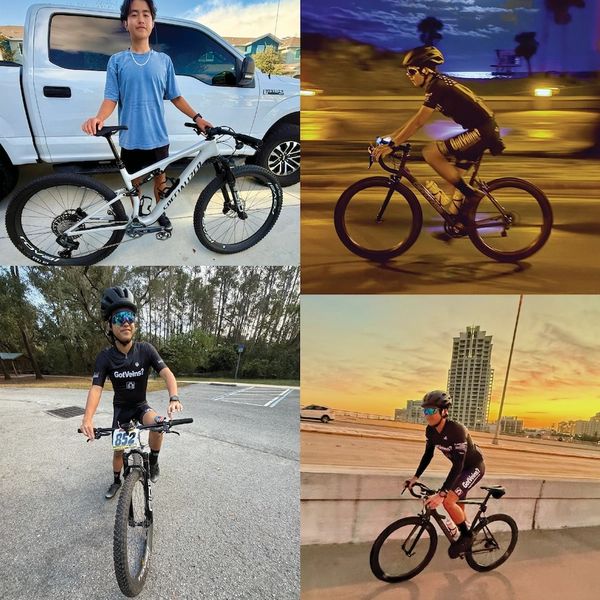 A young cyclist with his bike in various settings and times of day.