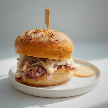 Pulled pork sandwich with creamy sauce on a white plate.