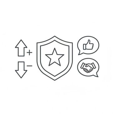 Icons of arrows, a shield with a star, and speech bubbles with thumbs up and handshake.