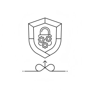 Shield with a padlock and gears above an infinity loop symbol.