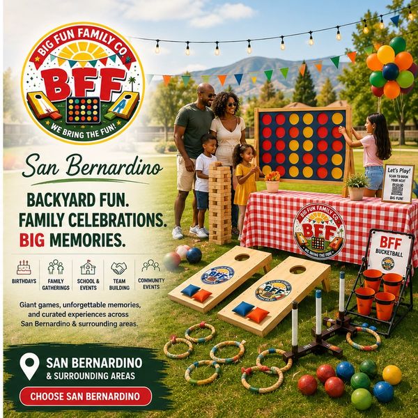 Family enjoying outdoor games at a San Bernardino event by Big Fun Family Co.