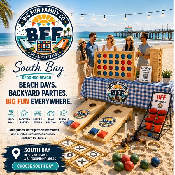 Friends enjoying giant games on the beach at South Bay, Redondo Beach.