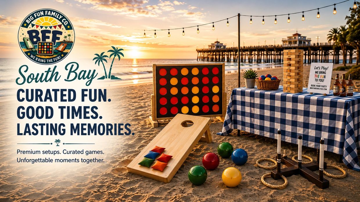Beach games setup at sunset promoting South Bay fun and lasting memories.