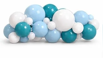 Cluster of blue, teal, and white balloons arranged decoratively.