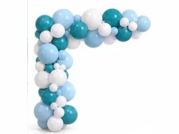 Decorative cluster of turquoise, light blue, and white balloons arranged in an L shape.