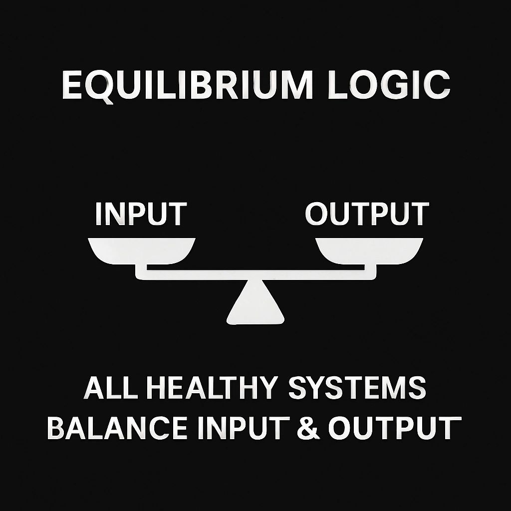 Graphic showing a balance scale representing equilibrium logic between input and output.