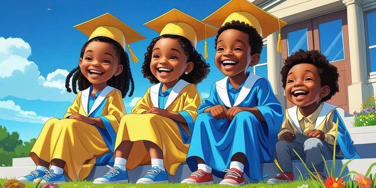 Four joyful children in graduation attire sitting on steps under a bright blue sky.