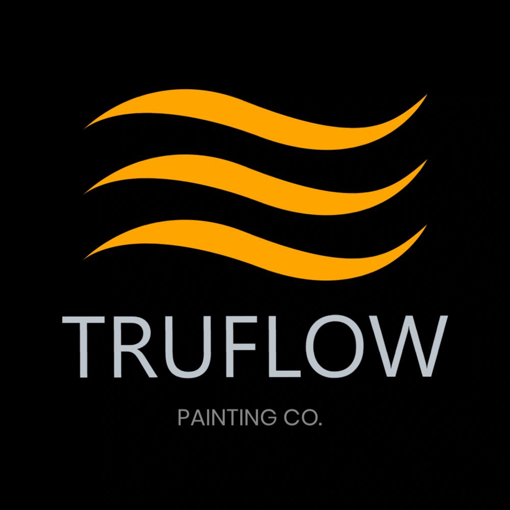 Logo of TruFlow Painting Co. with orange waves and gray text on black background.