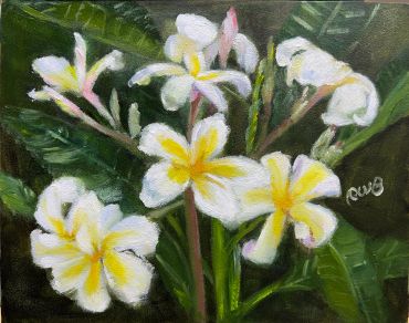 Painting of white and yellow flowers with green leaves.