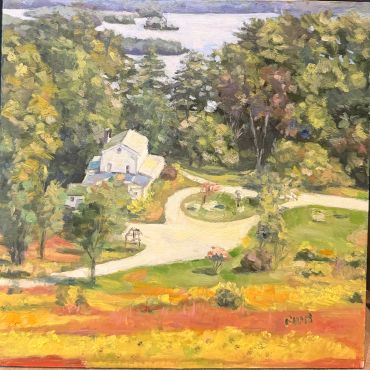 Painting of a house surrounded by trees and colorful landscape.
