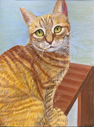 Painting of a seated orange tabby cat with green eyes.