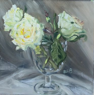 Painting of white roses in a glass vase.