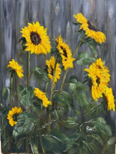 Painting of vibrant sunflowers against a wooden backdrop.