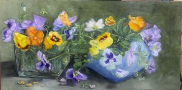 Oil painting of colorful pansies in glass and ceramic containers.