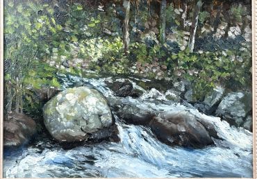 A vibrant landscape painting of a rushing river with rocks.