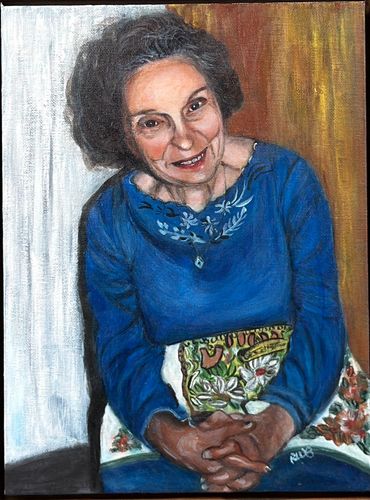 Portrait of an elderly woman in a blue dress with hands clasped.