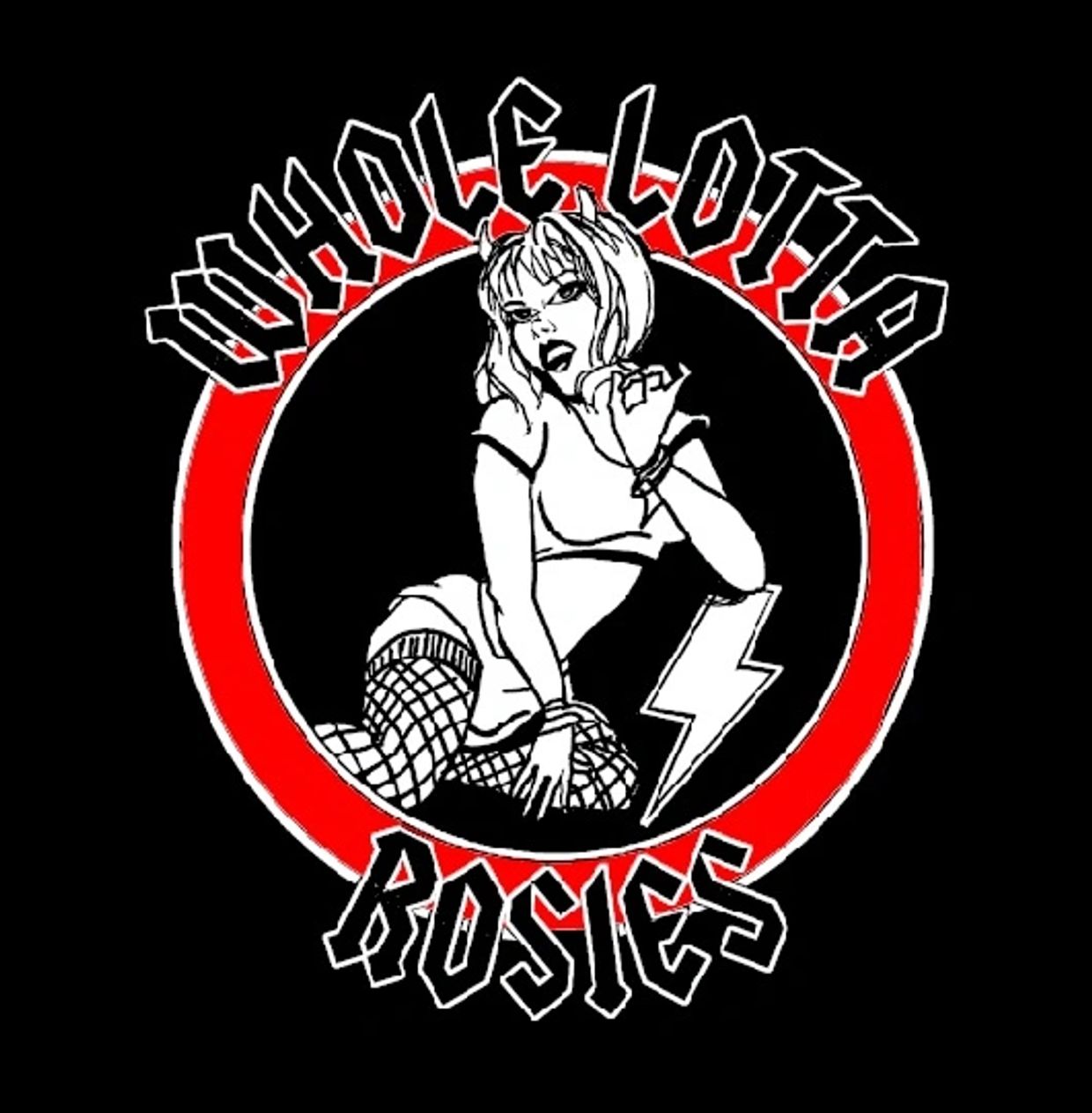 Edgy graphic of a woman with devil horns and fishnet stockings inside a red circle.