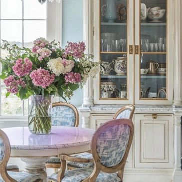 Elegant dining area with floral centerpiece and vintage chairs.