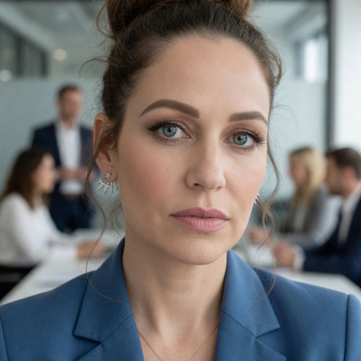 Close-up of a serious businesswoman in a blue blazer with colleagues blurred in the background.
