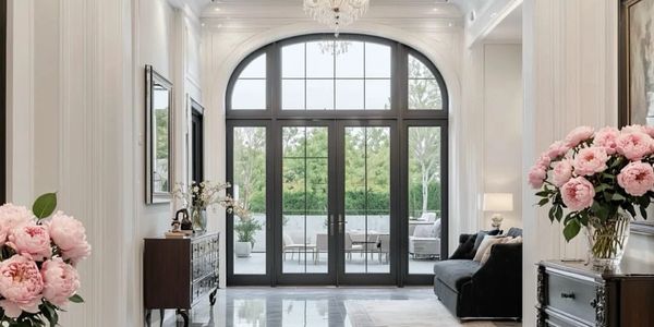 Elegant living room with large arched windows and pink floral arrangements.