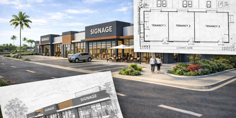 Modern commercial plaza with signage and floor plan overlays.
