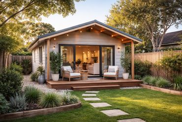 Cozy backyard studio with wooden deck and comfortable seating.