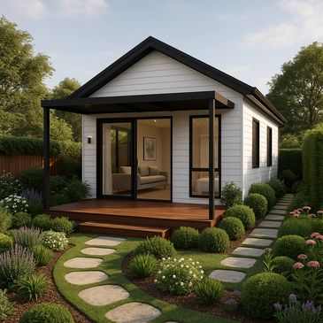 Charming small white house with black trim and lush garden pathways.