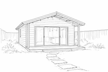 Line drawing of a small backyard house with sliding glass doors and a stepping stone path.