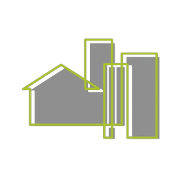 Simple gray house and buildings outlined in green on black background.