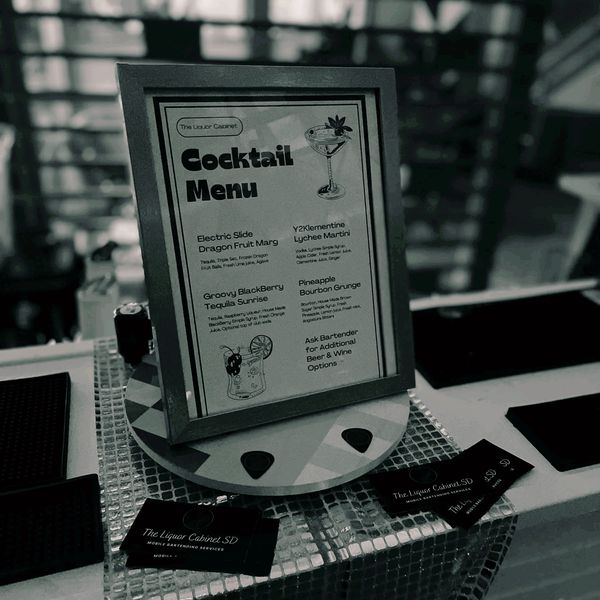 cocktail menu, custom design, bar menu for private event, san diego, california