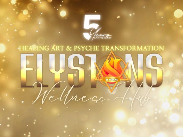 Golden 5th anniversary logo for ELYSIANS Wellness Hub with sparkling background.