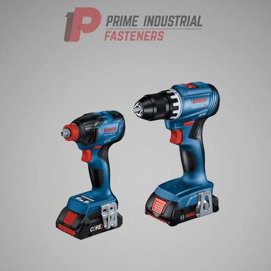 Two Bosch cordless power drills on gray background.