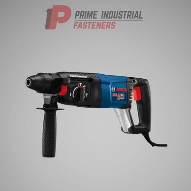 Bosch hammer drill displayed with Prime Industrial Fasteners logo.