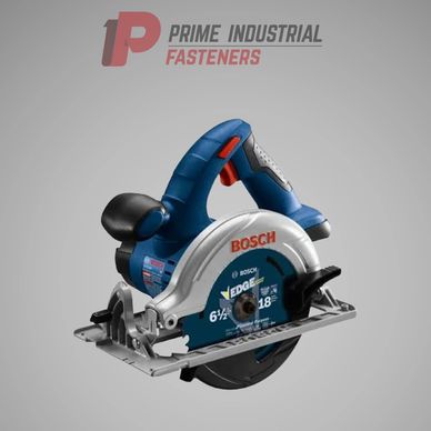 Bosch cordless circular saw with Prime Industrial Fasteners logo.