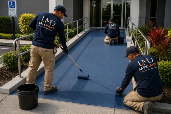 LMD SafeRamp technicians installing a premium anti-slip coating on an ADA wheelchair access ramp, pr