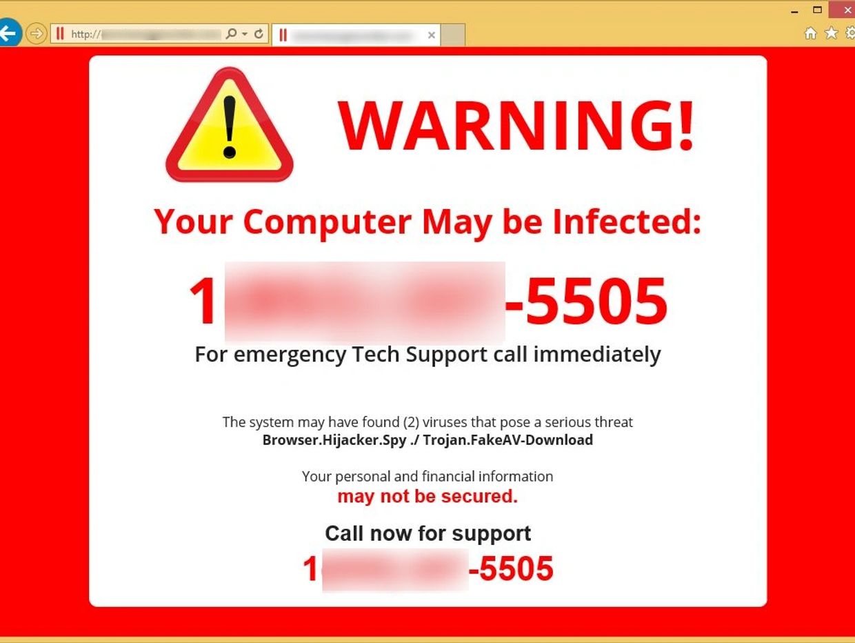 Fake Microsoft Pop Up claiming your computer is infected. Do not call the number on the screen.