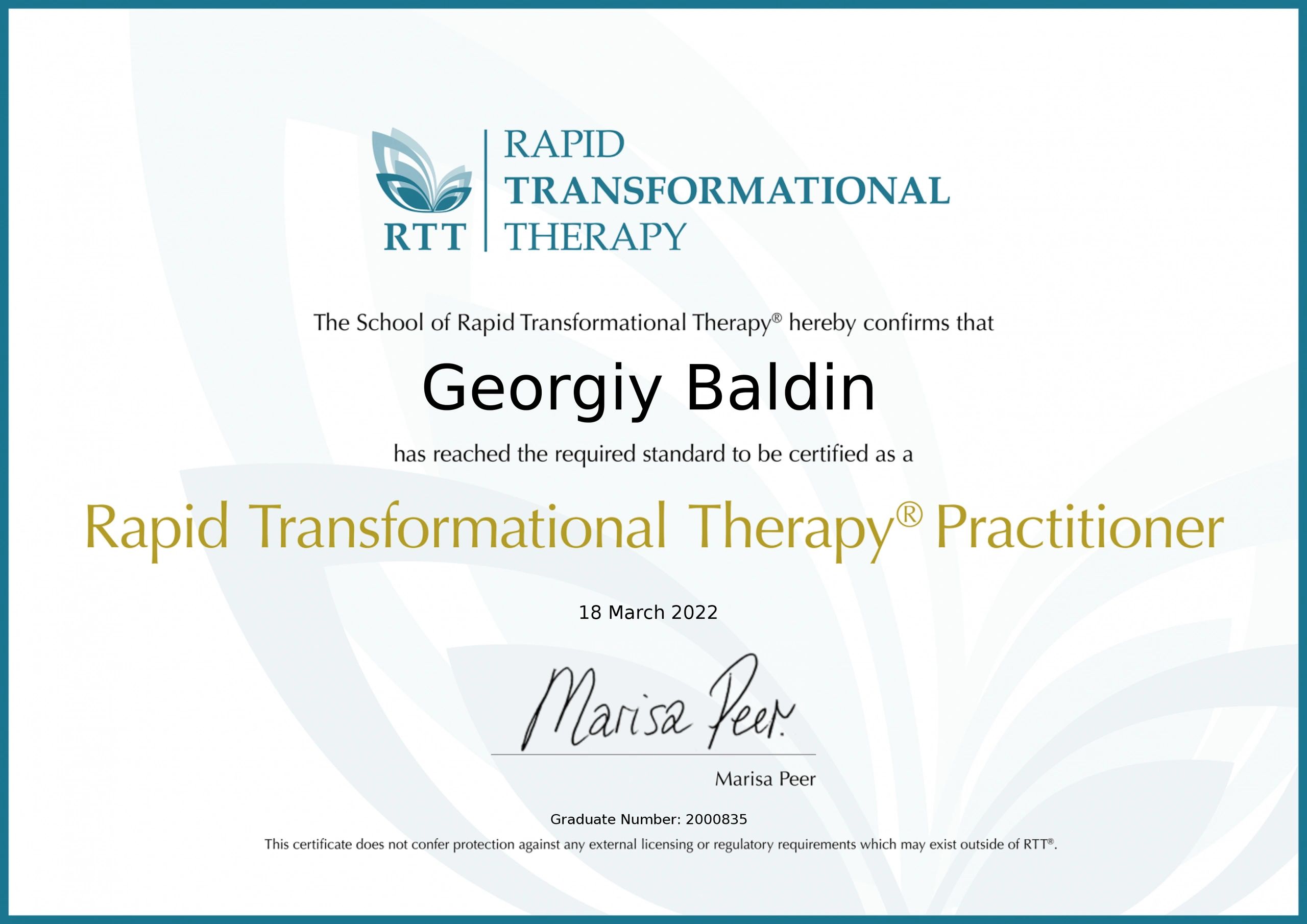 RTT Rapid Transformational Therapy | Practitioner | Georgiy Baldin Hypnotherapy