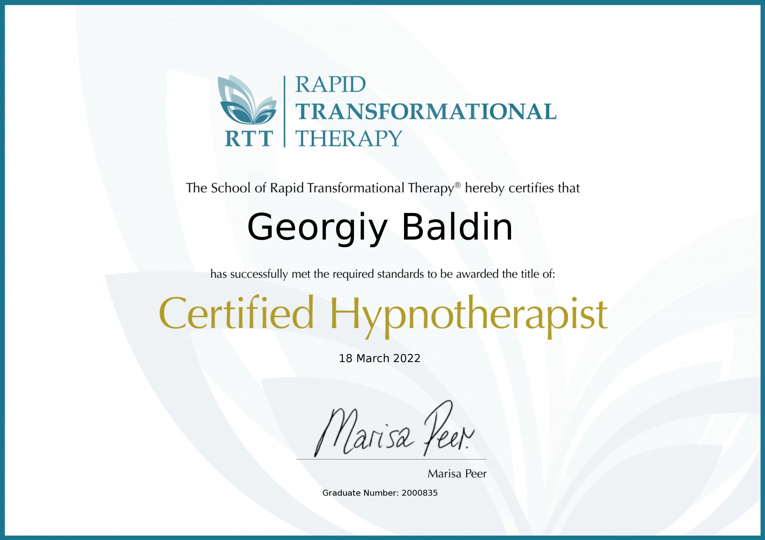 RTT Rapid Transformational Therapy | Certified Hypnotherapist | Georgiy Baldin Hypnotherapy