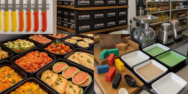 Various kitchen tools, knives, prepared meals, and cooking ingredients displayed.