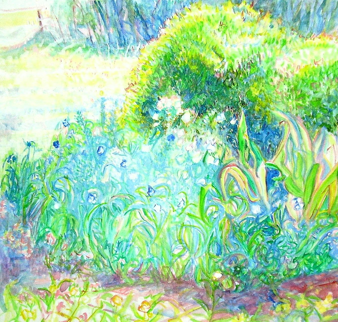 Early Spring Front Garden with Blue SpiderWart by Suzanne Gilliard