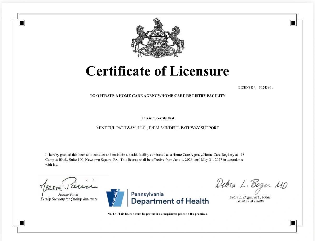 Certificate of licensure for Mindful Pathway to operate a home care agency.