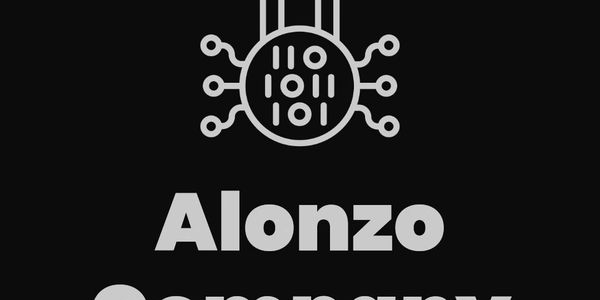 Logo of Alonzo Company featuring a lock with binary code symbolizing cybersecurity.