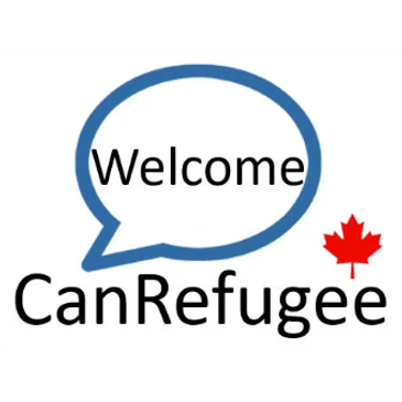 Logo with speech bubble saying 'Welcome' and 'CanRefugee' featuring a red maple leaf.