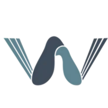 Abstract logo with intertwined blue and gray ribbon forming a stylized 'W'.