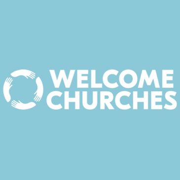 Logo with hands forming a circle and text 'Welcome Churches' on blue background.