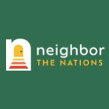 Logo with a door and stairs, text 'neighbor THE NATIONS' on green background.