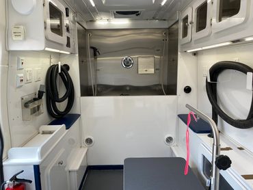 Interior view of the mobile grooming van.  Stainless steel bathing tub and grooming table