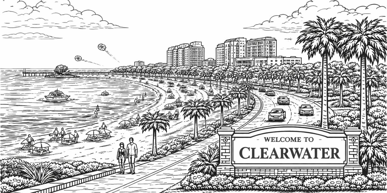 Black and white illustration of Clearwater beach with people and cars.
