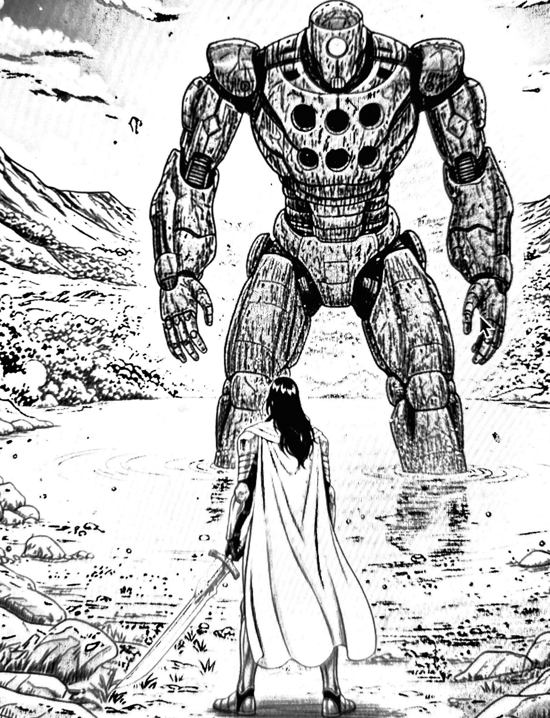 A lone warrior faces a giant robotic enemy in a mountainous river.