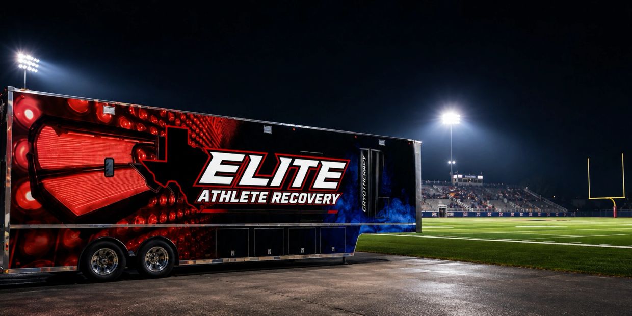 Elite Athlete Recovery trailer next to a football field at night.